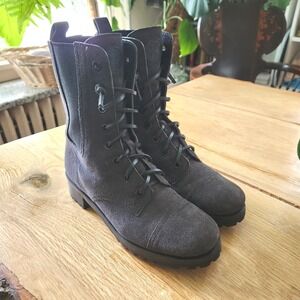 Tory Burch Women's Leather Suede Lace Up Combat Boots Dark Gray Black‎ Size 6.5